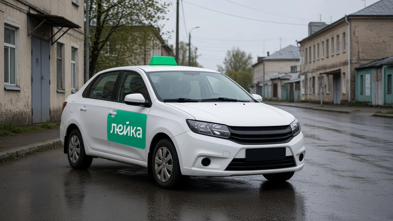 Лейка — машина с логотипом сервиса на улице города